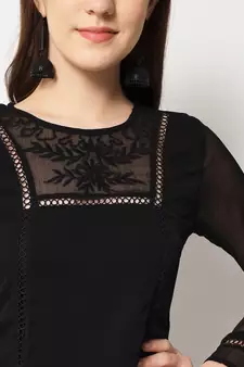 ARDITA Women Black Chiffon Embroidered Kurti with Lace Detailing
