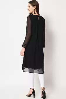 ARDITA Women Black Chiffon Embroidered Kurti with Lace Detailing