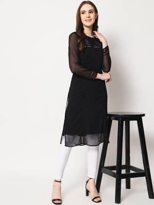 ARDITA Women Black Chiffon Embroidered Kurti with Lace Detailing 6