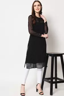 ARDITA Women Black Chiffon Embroidered Kurti with Lace Detailing