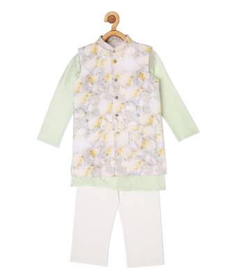 CHANDERI MINT GREEN KURTA PYJAMA WITH FLORAL BANDI 3