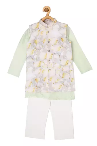 CHANDERI MINT GREEN KURTA PYJAMA WITH FLORAL BANDI
