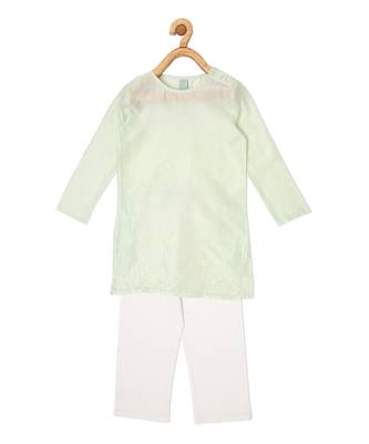 CHANDERI MINT GREEN KURTA PYJAMA WITH FLORAL BANDI 5