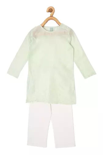 CHANDERI MINT GREEN KURTA PYJAMA WITH FLORAL BANDI