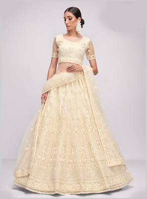 Delectable Off White Cording Thread Embroidered Net Lehenga Choli For Bride 1