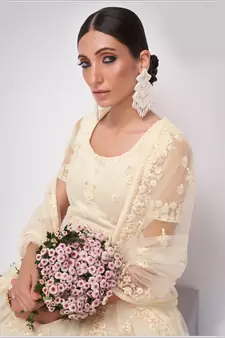 Delectable Off White Cording Thread Embroidered Net Lehenga Choli For Bride