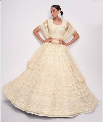 Delectable Off White Cording Thread Embroidered Net Lehenga Choli For Bride 3