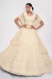 Delectable Off White Cording Thread Embroidered Net Lehenga Choli For Bride