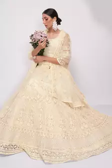 Delectable Off White Cording Thread Embroidered Net Lehenga Choli For Bride