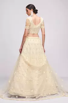 Delectable Off White Cording Thread Embroidered Net Lehenga Choli For Bride