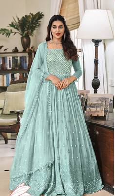 Light Blue Embroidered Mehndi Anarkali Salwar Kameez 1