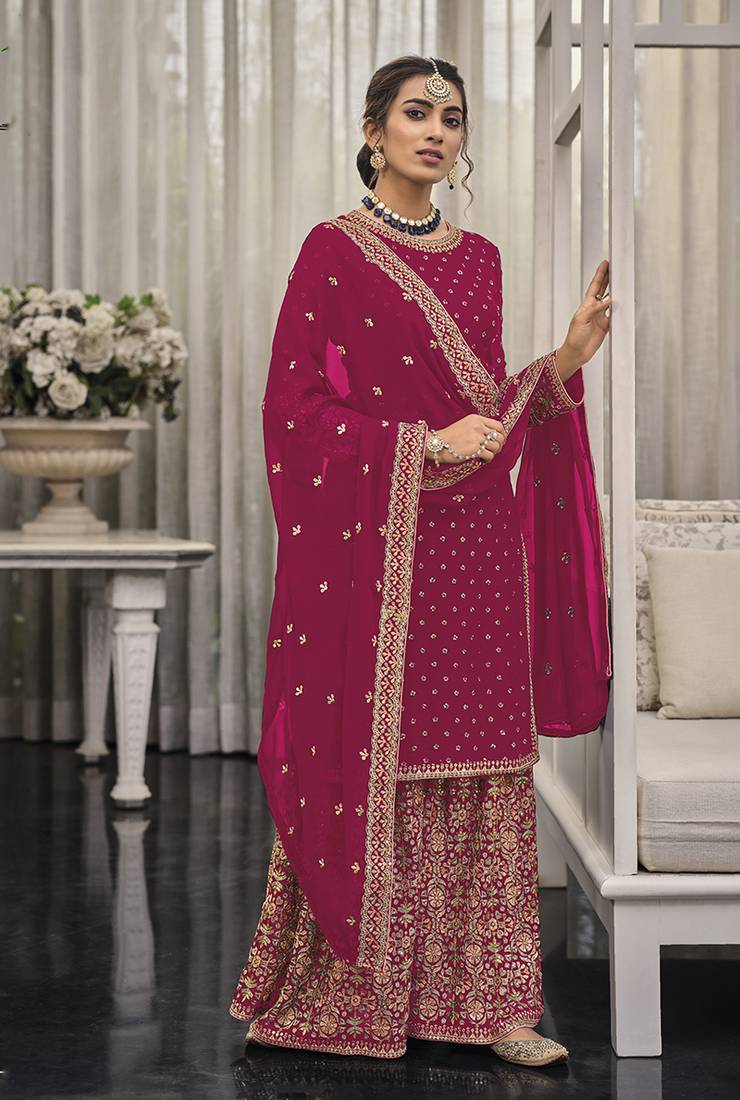 Rani Pink Color Georgette Embroidered Palazzo Suit