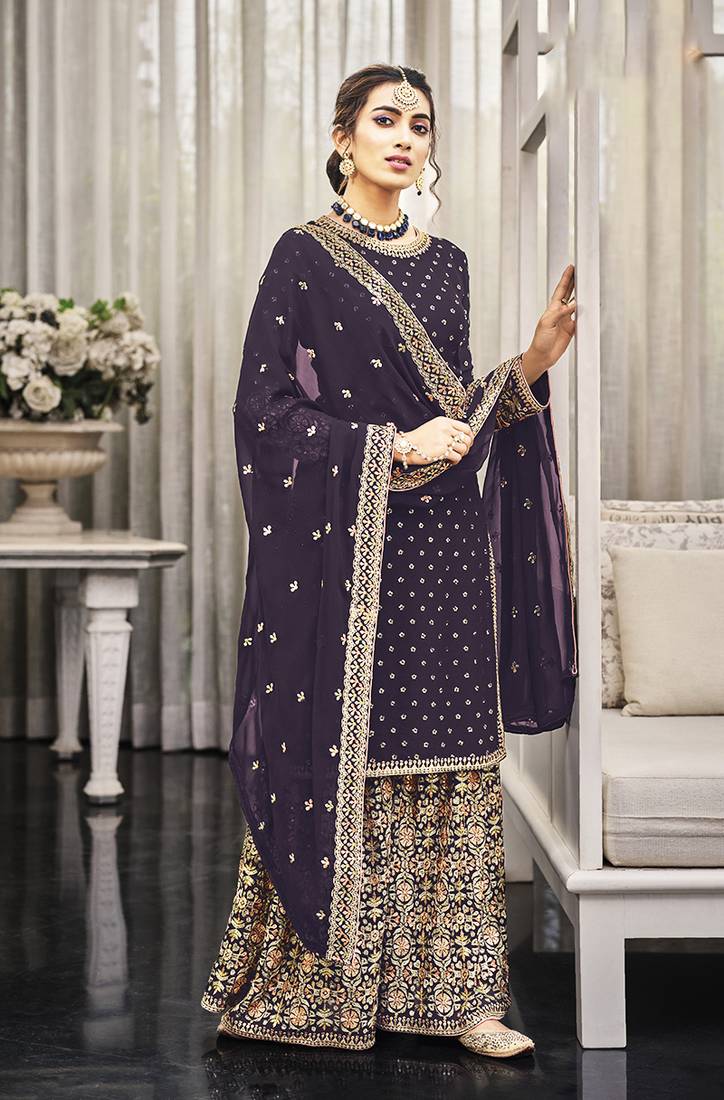 Dark Maroon Color Georgette Embroidered Palazzo Suit