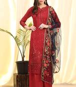 Red Embroidered Faux Georgette Salwar Free size full stitched Up To 42" Size