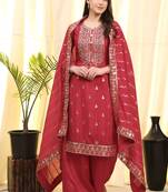 Red Embroidered Faux Georgette Salwar Up To 42" Size