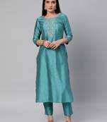 Teal embroidered art silk embroidered-kurtis