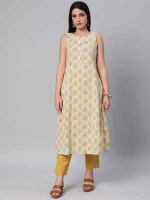 Yellow printed cotton cotton-kurtis 1