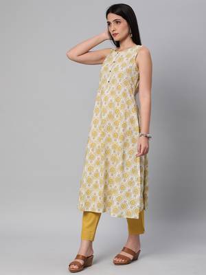 Yellow printed cotton cotton-kurtis 3