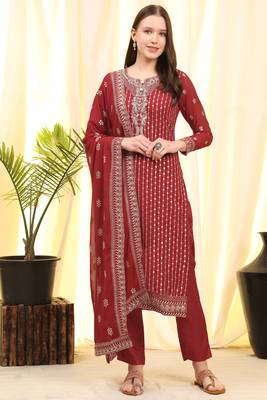 Red Embroidered Faux Georgette Salwar Free size full stitched Up To 42" Size 1