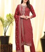 Red Embroidered Faux Georgette Salwar Free size full stitched Up To 42" Size