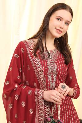 Red Embroidered Faux Georgette Salwar Free size full stitched Up To 42" Size 2