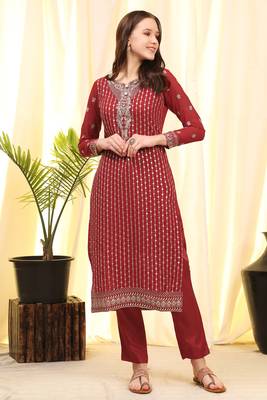 Red Embroidered Faux Georgette Salwar Free size full stitched Up To 42" Size 3