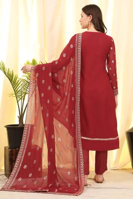 Red Embroidered Faux Georgette Salwar Free size full stitched Up To 42" Size 4