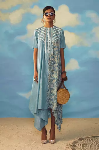blue embroidered crepe dress