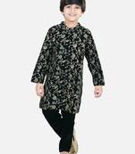 BownBee Boys Full Sleeve Printed Velvet Sherwani -Green