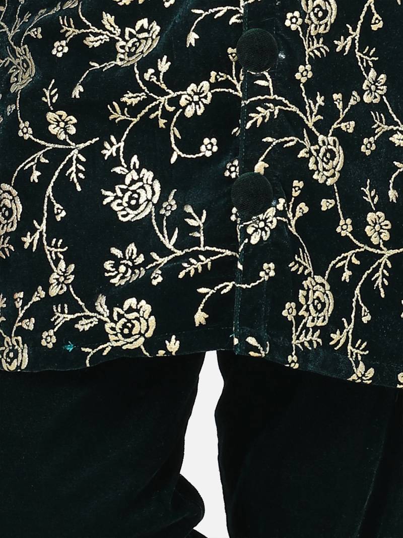 BownBee Boys Full Sleeve Printed Velvet Sherwani -Green