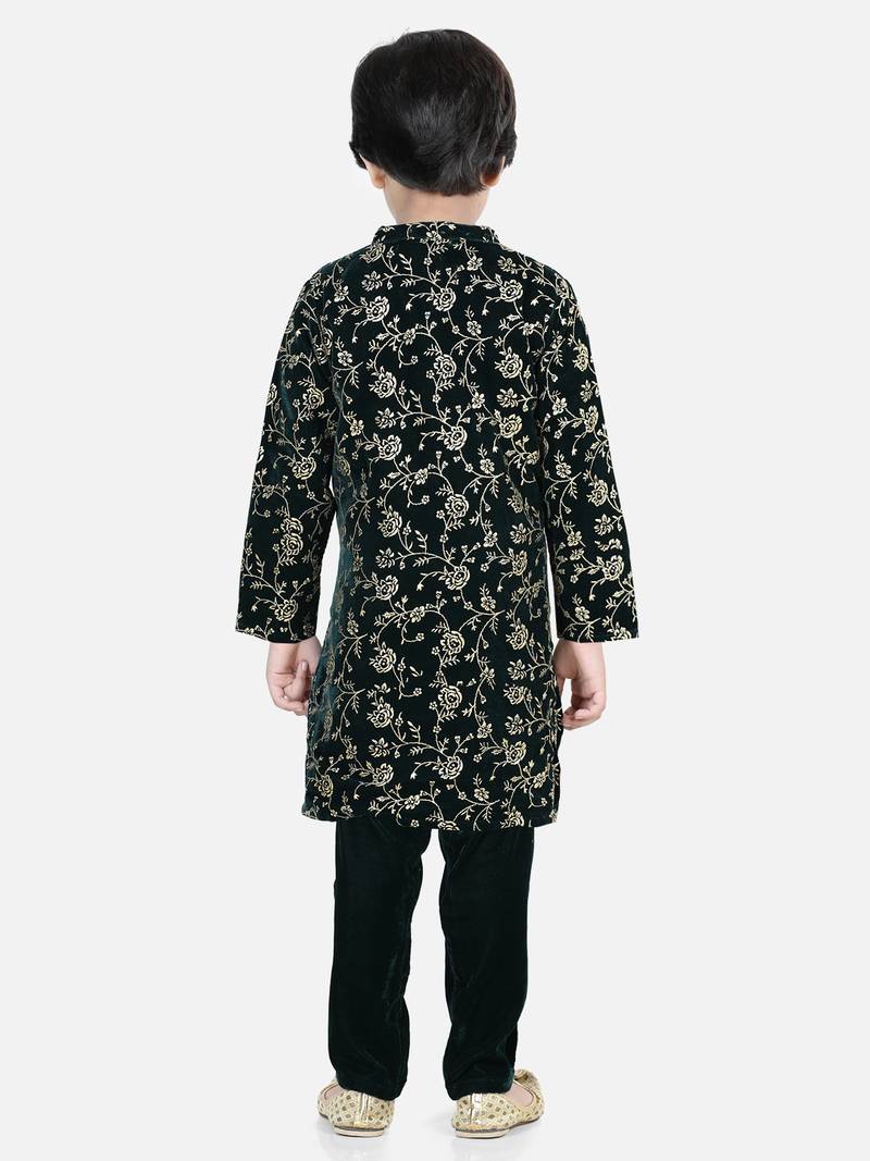 BownBee Boys Full Sleeve Printed Velvet Sherwani -Green