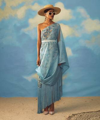 Blue Crepe And Organza Floral One Shoulder Tunic 1