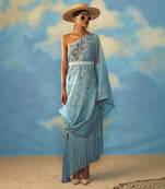 Blue Crepe And Organza Floral One Shoulder Tunic