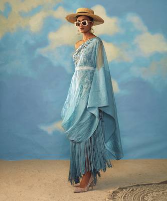 Blue Crepe And Organza Floral One Shoulder Tunic 2