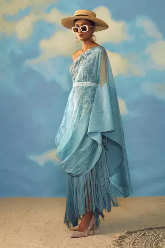 Blue Crepe And Organza Floral One Shoulder Tunic