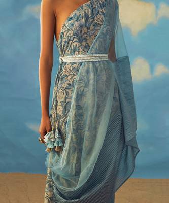 Blue Crepe And Organza Floral One Shoulder Tunic 3