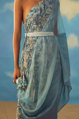 Blue Crepe And Organza Floral One Shoulder Tunic