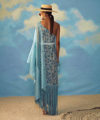 Blue Crepe And Organza Floral One Shoulder Tunic 4