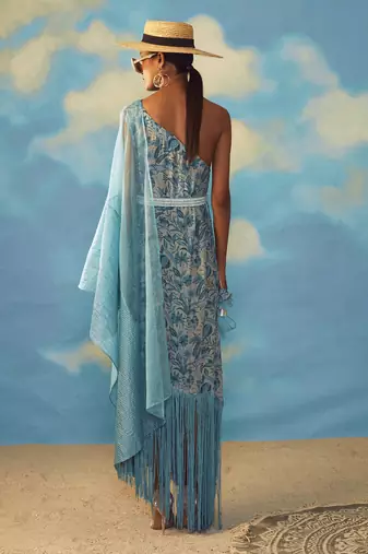 Blue Crepe And Organza Floral One Shoulder Tunic