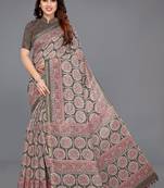 Brown printed cotton saree with blouse