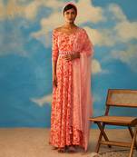 Orange Crepe Printed Tropical Anarkali With Dupatta