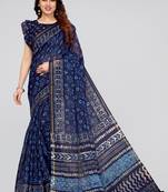 Navy Blue Printed Cotton Saree With Blouse