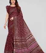 Maroon Printed Cotton Saree With Blouse