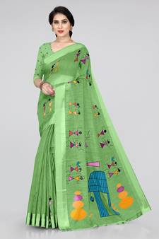 Light Green Printed Cotton Saree With Blouse