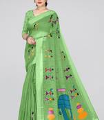 Light Green Printed Cotton Saree With Blouse
