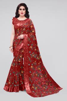 Red Printed Cotton Saree With Blouse