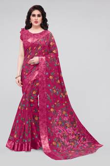 Pink Printed Cotton Saree With Blouse
