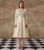 White Embroidered Yoke Anarkali And Pant Set