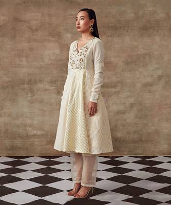 White Embroidered Yoke Anarkali And Pant Set 2