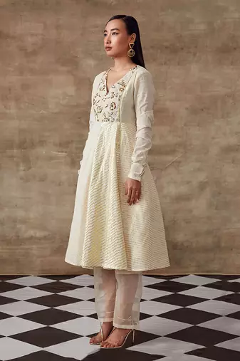 White Embroidered Yoke Anarkali And Pant Set